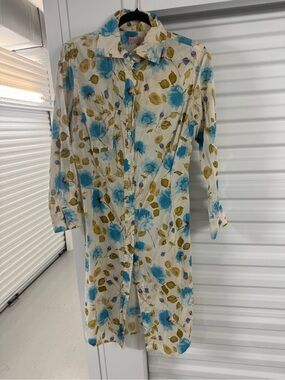 Paul Smith Cream Midi Shirt Dress with Blue Floral Print made in Italy cotton 46